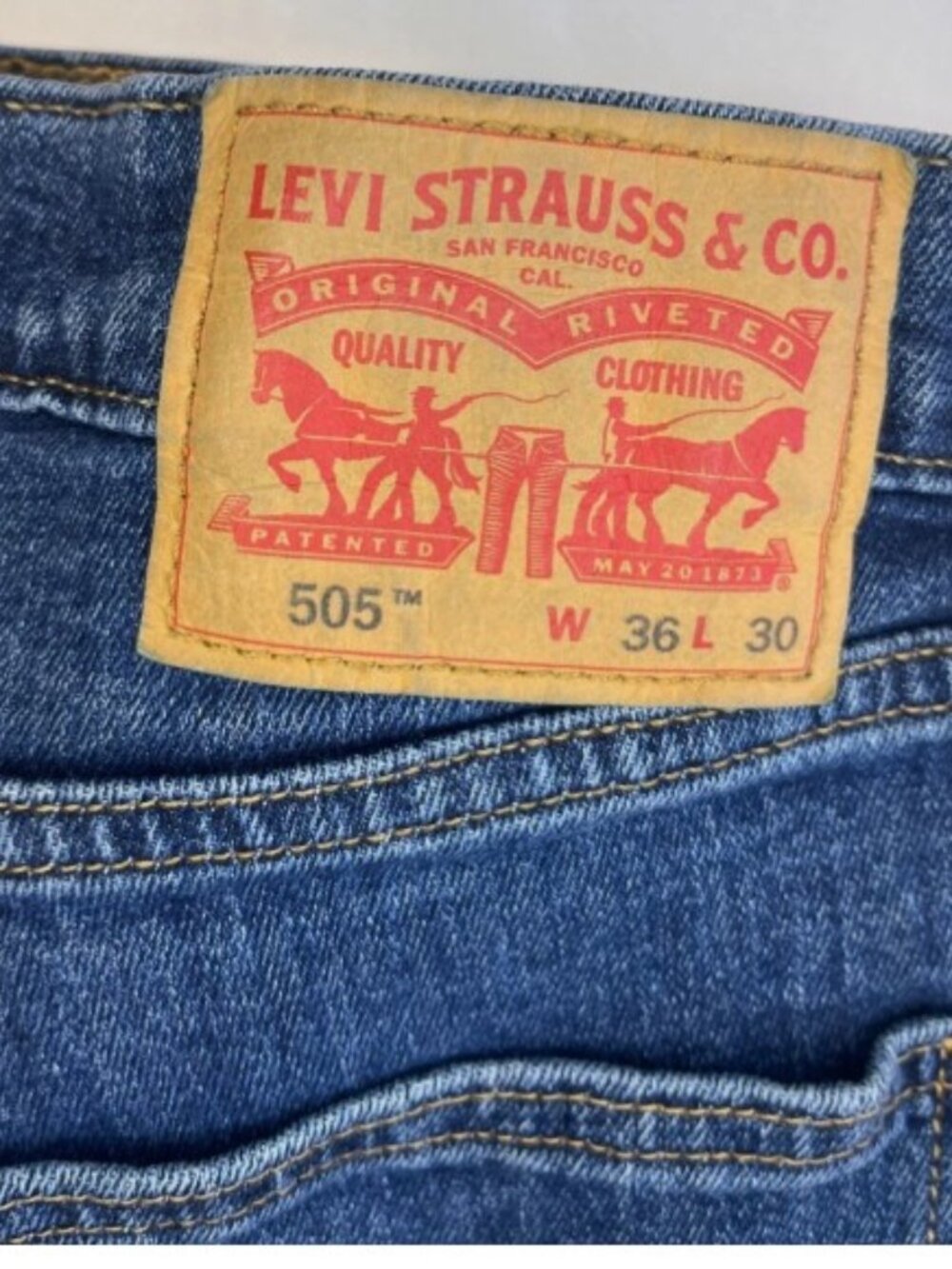 Levis 505 Regular Straight Jeans Tag 36x30 Fits 36x29 Faded Blue Distressed